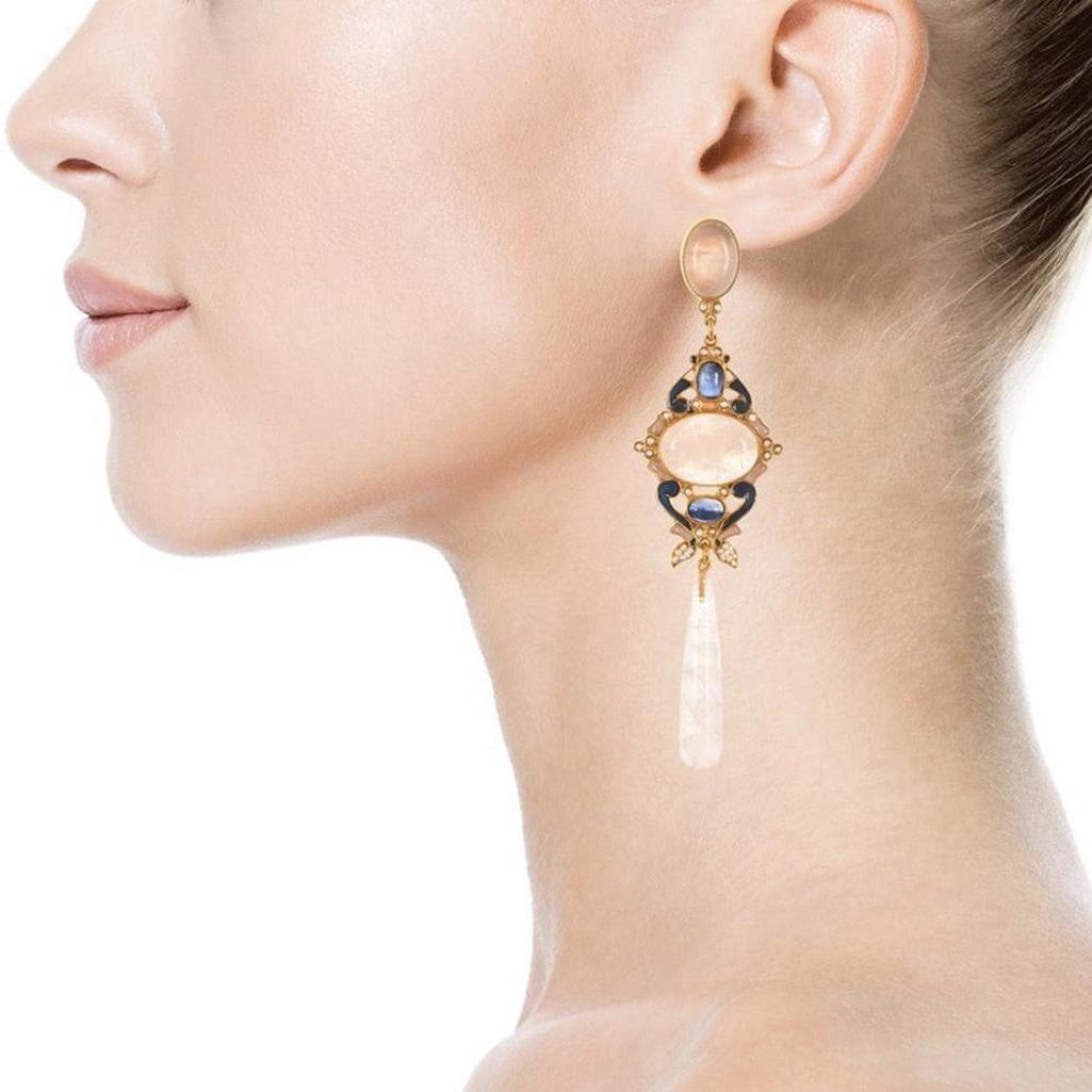 Rose Quartz Kyanite and Micro Pave Pearls Earrings-Percossi Papi-Swag Designer Jewelry