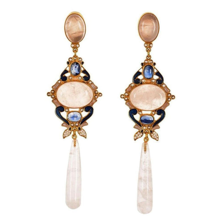 Rose Quartz Kyanite and Micro Pave Pearls Earrings-Percossi Papi-Swag Designer Jewelry