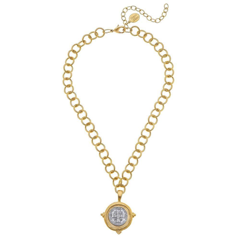 Saint Benedict Coin Pendant Necklace on Chain-Susan Shaw-Swag Designer Jewelry