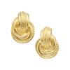 Hand-cast gold plated door knocker earrings with a textured rope design, approximately 1 inch in diameter.