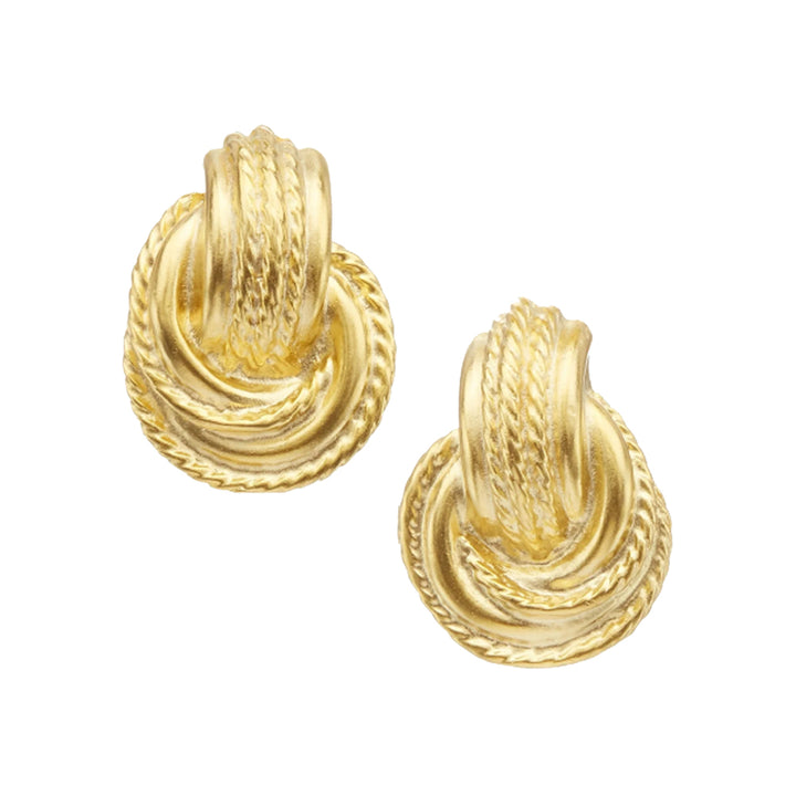 Hand-cast gold plated door knocker earrings with a textured rope design, approximately 1 inch in diameter.