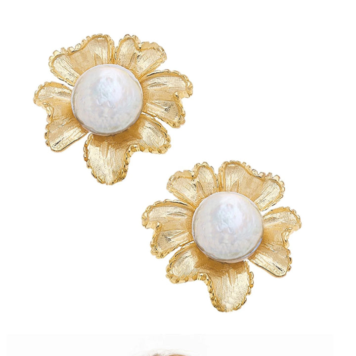 Hand-cast gold-plated marigold flower stud earrings featuring a large central pearl, approximately 1 inch in diameter.