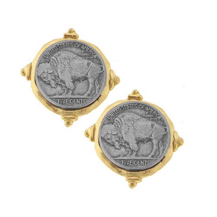 Hand-cast gold-plated stud earrings featuring vintage silver Buffalo nickel coins, approximately 3/4 inch in diameter.