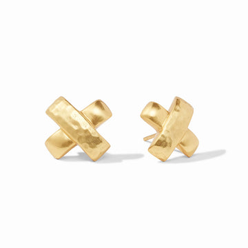 Gold-plated Catalina X stud earrings with a textured finish, measuring approximately 0.6 inches long with post closures.