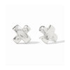 Silver Catalina X stud earrings with a hammered metal texture and post closure, measuring approximately 0.6 inches long.