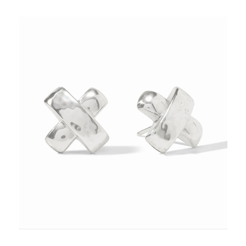 Silver Catalina X stud earrings with a hammered metal texture and post closure, measuring approximately 0.6 inches long.