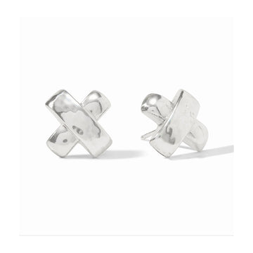 Silver Catalina X stud earrings with a hammered metal texture and post closure, measuring approximately 0.6 inches long.