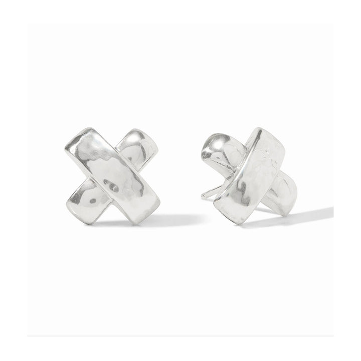 Silver Catalina X stud earrings with a hammered metal texture and post closure, measuring approximately 0.6 inches long.