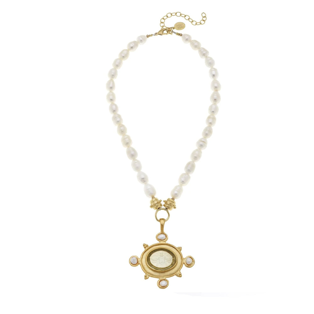 Venetian Glass Bee Intaglio Pearl Necklace