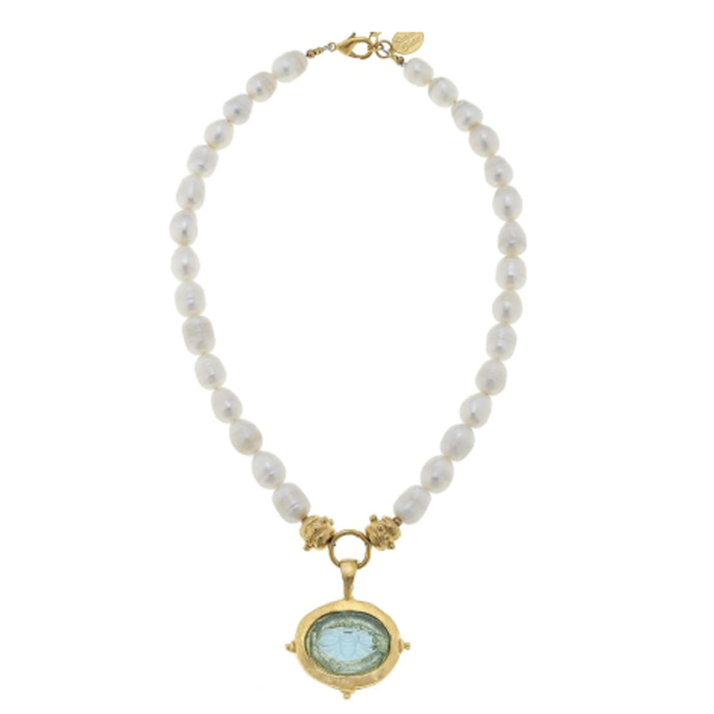 Aqua Venetian Glass Bee Intaglio on Pearls
