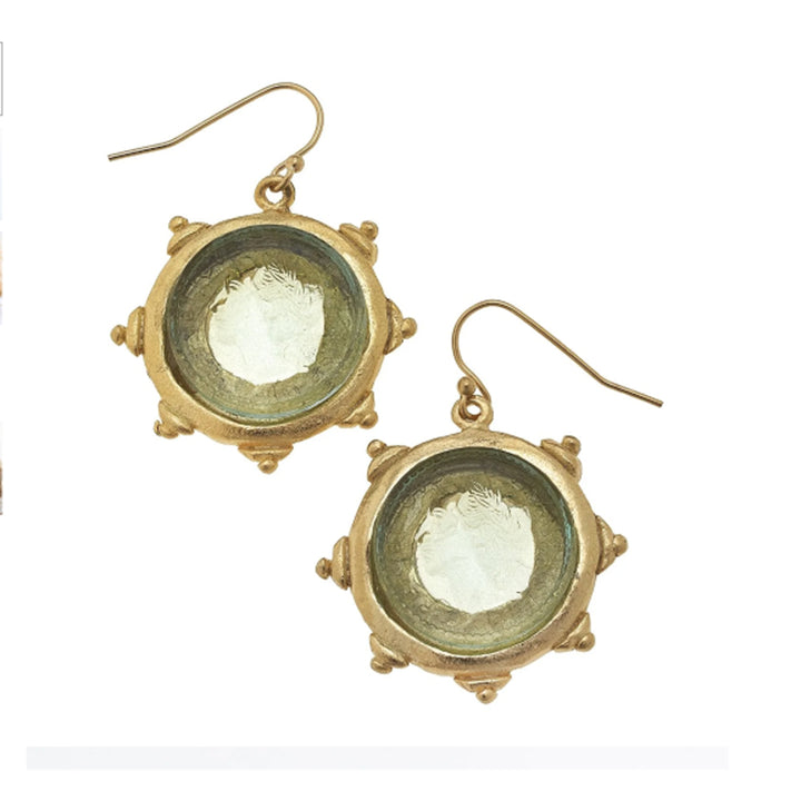 Aqua Venetian glass coin earrings with gold-plated fleur-de-lis settings on wire hooks, 1.5 inches long.