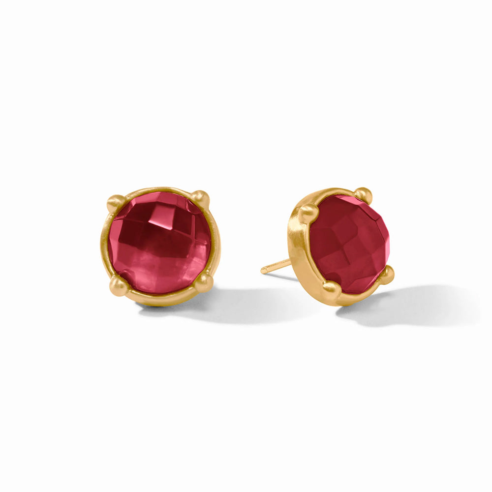 Half-inch round stud earrings with faceted red crystals in 24K gold-plated bezel settings with post closures.