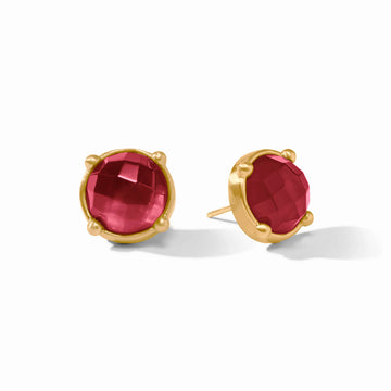Half-inch round stud earrings with faceted red crystals in 24K gold-plated bezel settings with post closures.