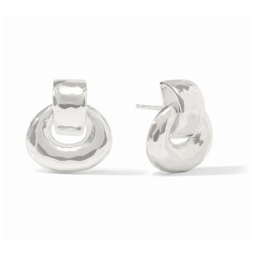 Silver-plated Avalon Demi doorknocker earrings with a hammered finish, measuring approximately 0.75 inches with a post closure.
