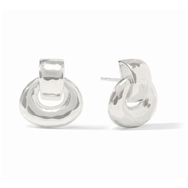Silver-plated Avalon Demi doorknocker earrings with a hammered finish, measuring approximately 0.75 inches with a post closure.