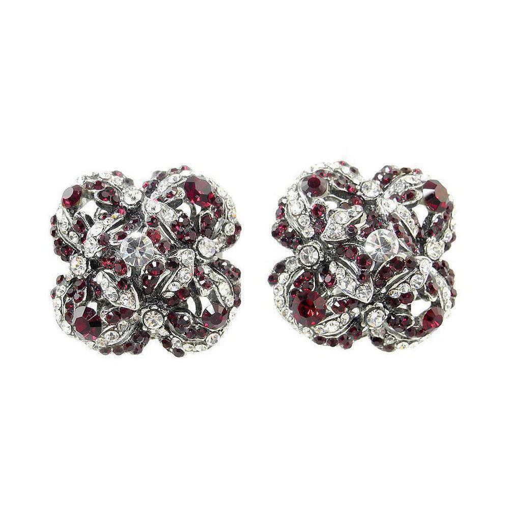 Silver Crystal Floral Button Clip Earrings-Jose Maria Barrera-Swag Designer Jewelry