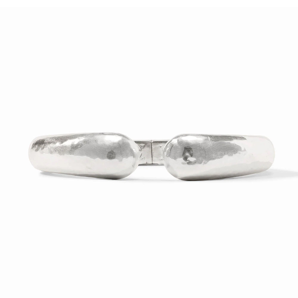 Solara demi hinged cuff in pure silver plate with a modern organic, lightly hammered texture and spring hinge closure.