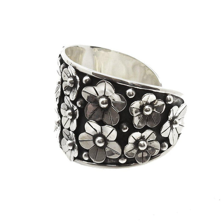 Sterling Silver Cuff with Floral Design-Taxco Sterling-Swag Designer Jewelry