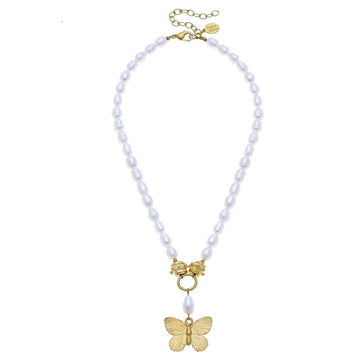 24k gold butterfly pendant necklace on a strand of genuine white freshwater pearls with a gold lobster clasp.
