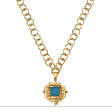 Charlotte pendant featuring a square aqua glass stone on a textured 24k gold-plated link chain.