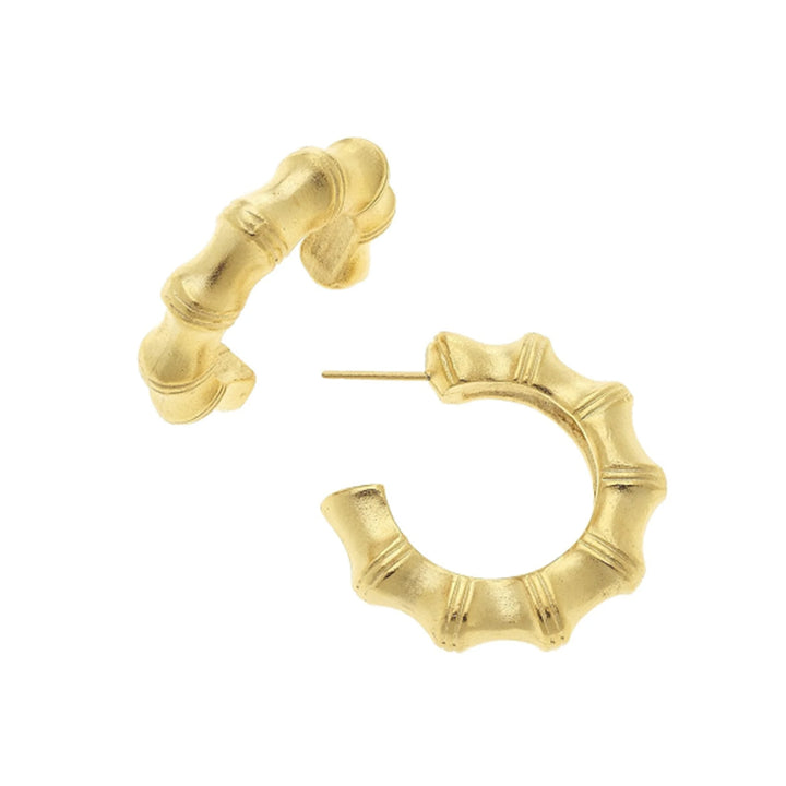 1 1/4 inch triple-plated 24k gold Estate hoop earrings with a textured bamboo-inspired design and post backs.