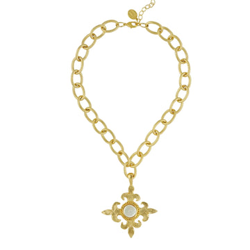 24k gold-plated Fleur de Lis cross pendant necklace featuring a central genuine coin pearl on a thick link chain.