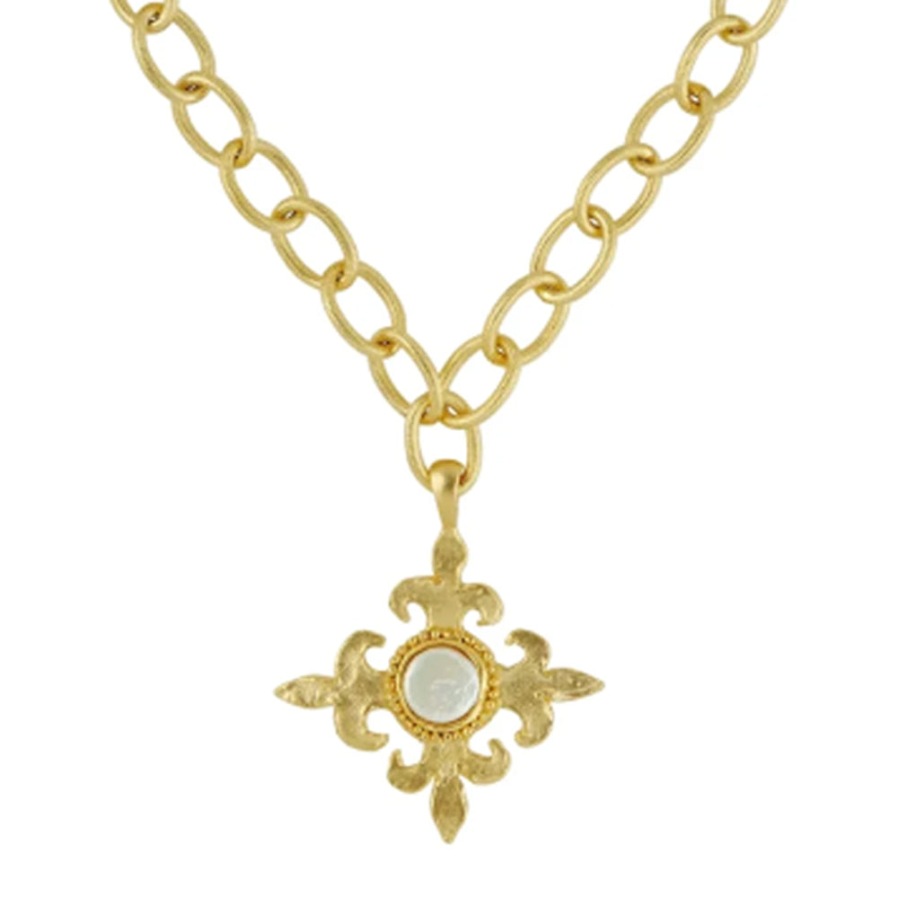 24k gold-plated Fleur de Lis cross pendant with a central coin pearl on a matching gold chain necklace.