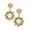 1.5-inch gold-plated earrings featuring clear Venetian glass with a white fleur-de-lis design and post closures.