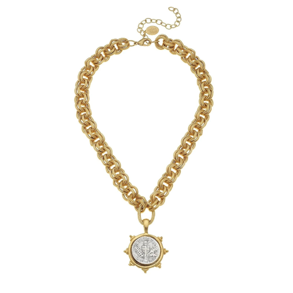 Gold-plated link chain necklace featuring a handcast silver and gold coin pendant on an 18-inch chain.