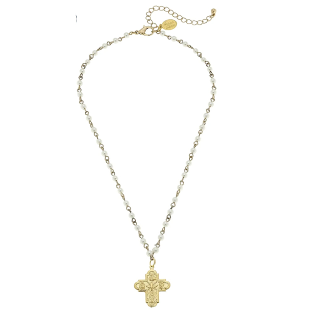 24k gold-plated Holy Family cross pendant on a 16-inch genuine shell pearl necklace with lobster clasp.