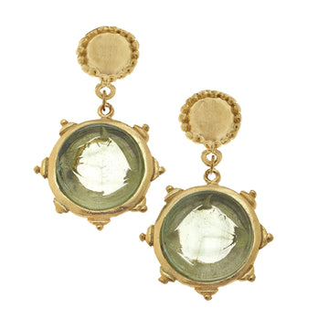 Gold-plated Venetian glass earrings featuring a horse head design, 1.5-inch drop with post closure.