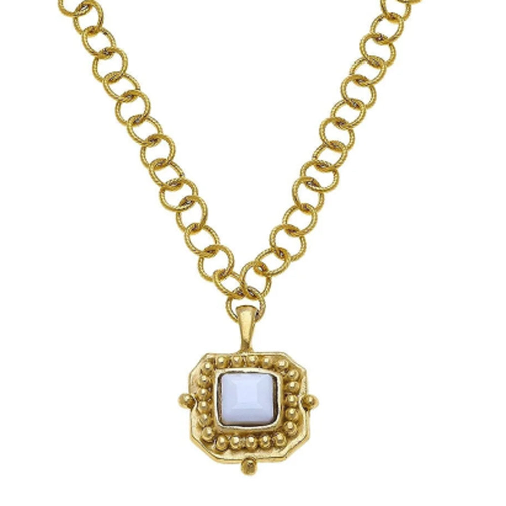 24k gold-plated London pendant necklace featuring a square crystal stone on a textured link chain.