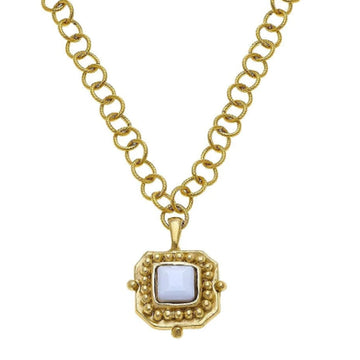 24k gold-plated London pendant necklace featuring a square crystal stone on a textured link chain.