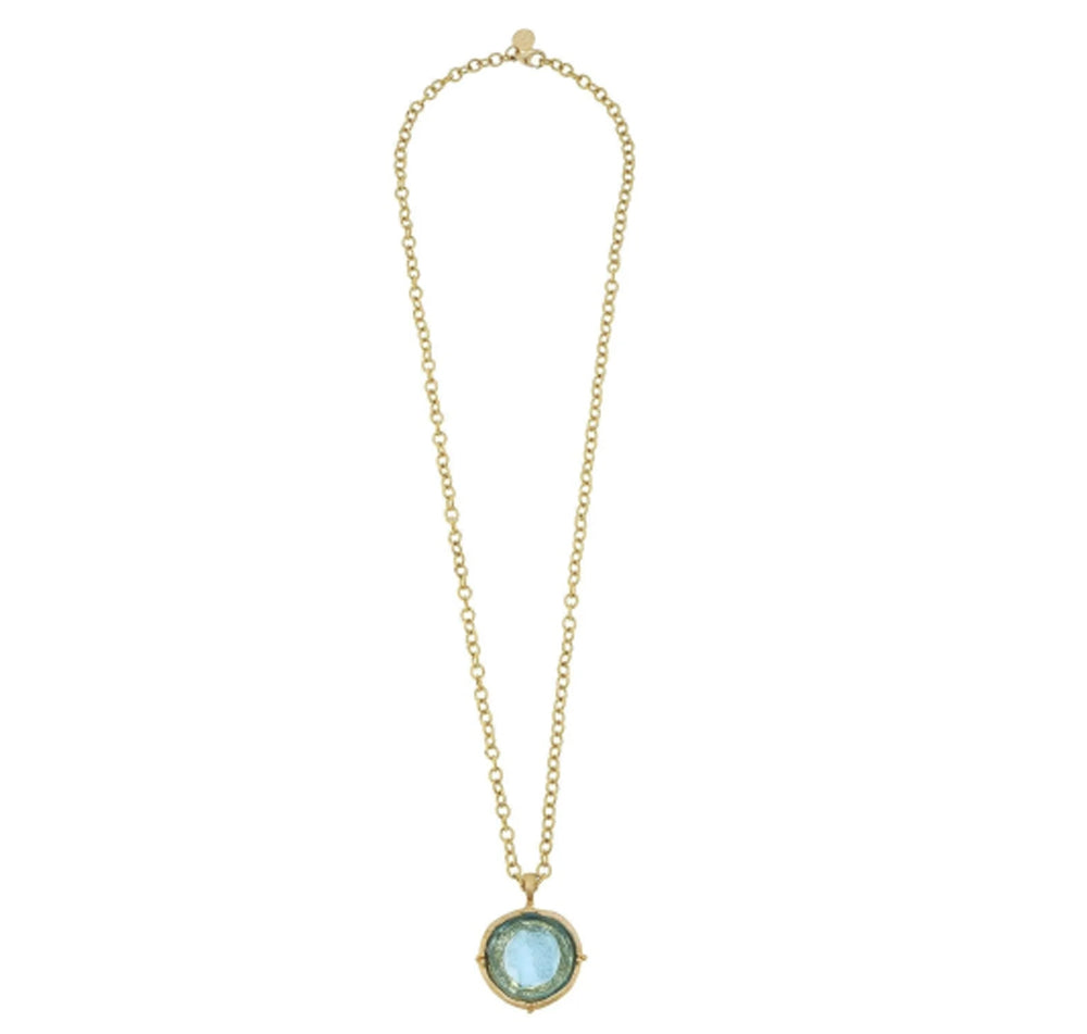 30-inch gold chain necklace with an aqua Venetian glass coin intaglio pendant.