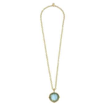 30-inch gold chain necklace with an aqua Venetian glass coin intaglio pendant.
