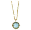 30-inch 24k gold-plated chain with an aqua Venetian glass coin intaglio pendant.