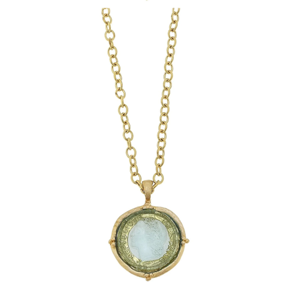 30-inch 24k gold-plated chain necklace featuring a round Venetian glass coin intaglio pendant.