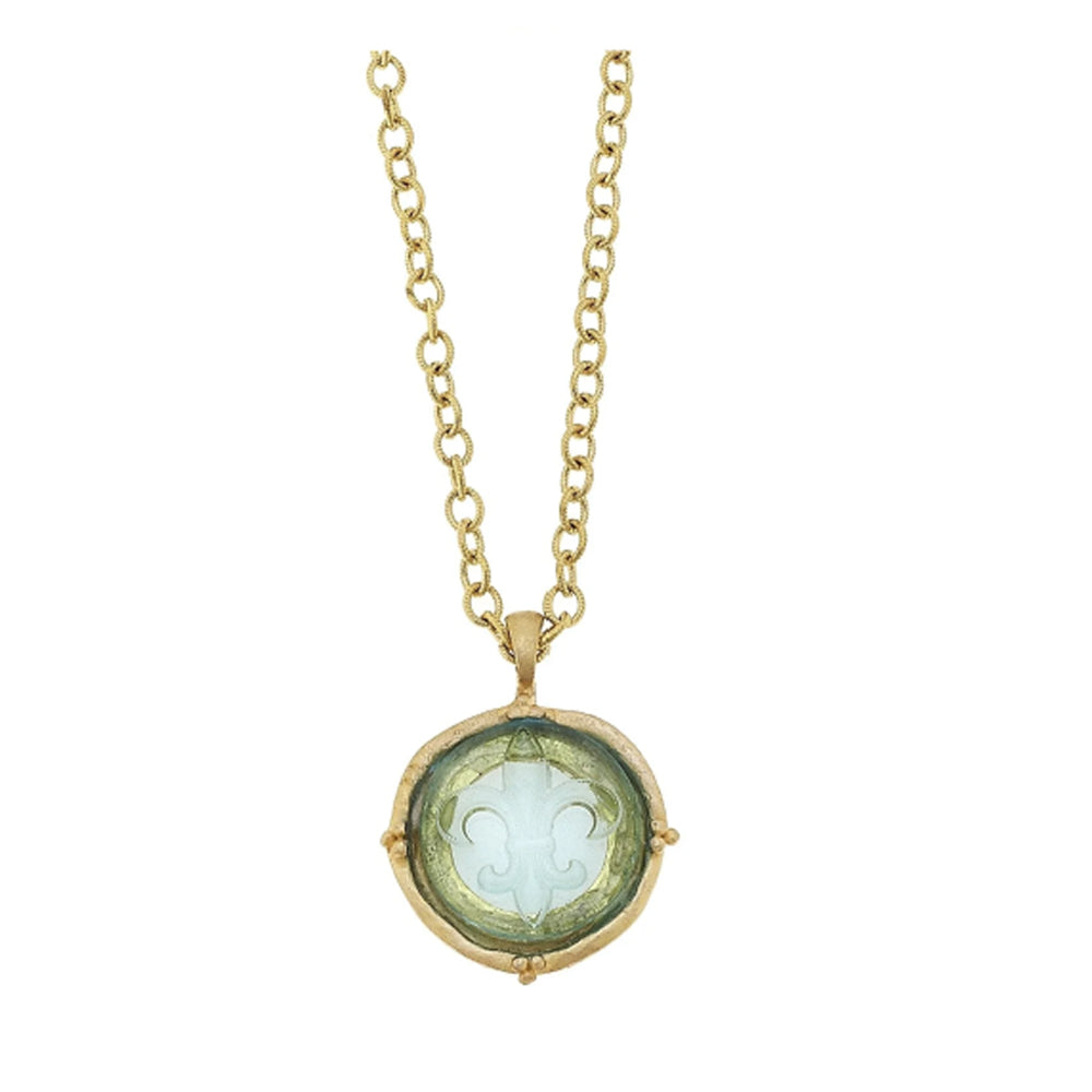 24k gold-plated chain necklace with a round, pale blue Venetian glass fleur-de-lis intaglio pendant.