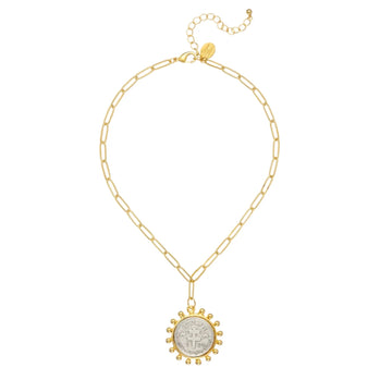 24k gold-plated paperclip chain necklace featuring a silver Malta coin pendant with a gold sunburst border.