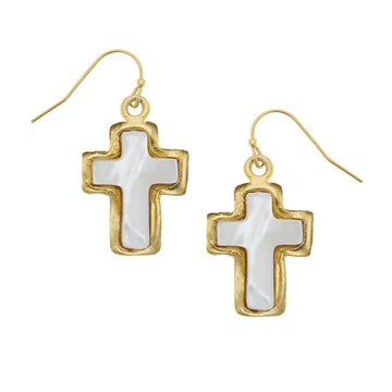 Gold-plated cross earrings featuring white mother of pearl inlay on wire hooks, 1.5 inches long.