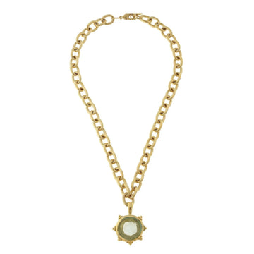 Clear Venetian glass fleur-de-lis intaglio pendant on a gold-plated chunky chain necklace, 18 inches long.