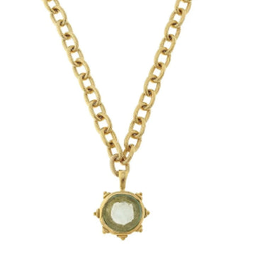 Gold-plated chain necklace featuring a clear Venetian glass fleur-de-lis intaglio pendant on an 18-inch link chain.