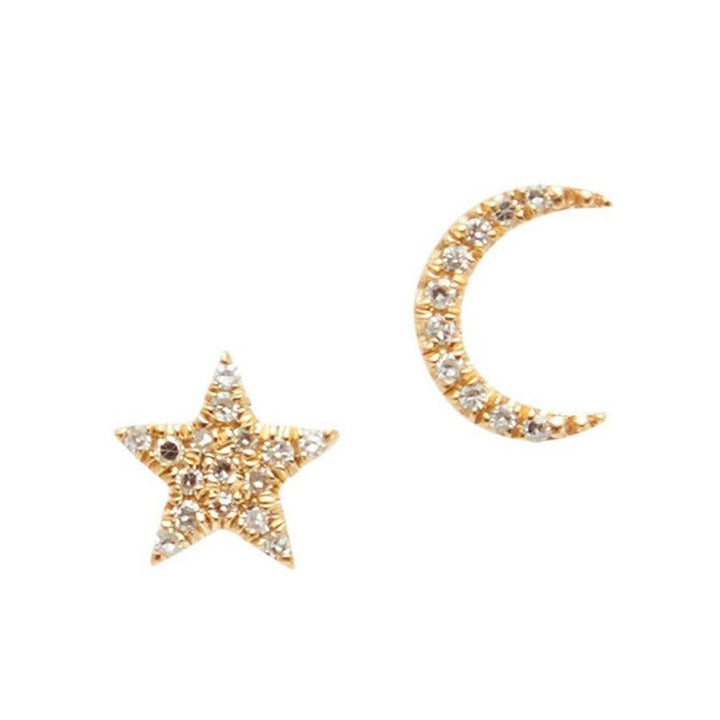 Tiny Star and Moon Yellow Gold Diamond Studs-Liven Co-Swag Designer Jewelry