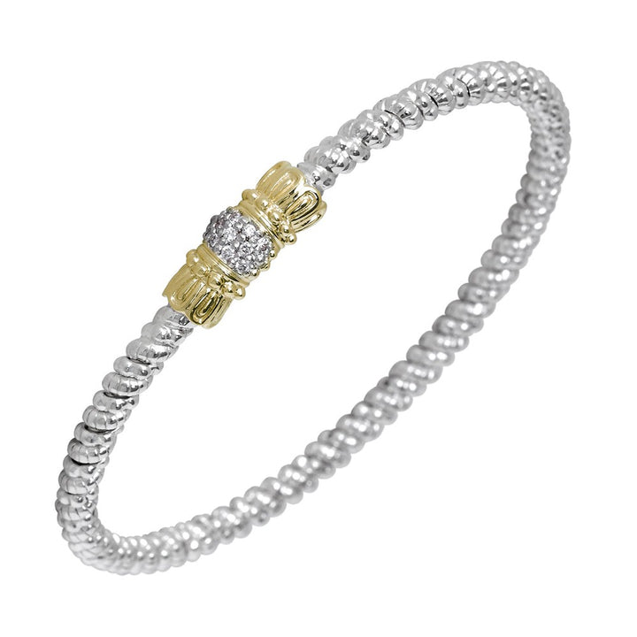 Acanthus 3mm Pave Center Bracelet: Two-tone twisted silver and gold design with sparkling pave diamond accent.
