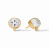 Antonia Stud Earrings: Gold-plated, oval clear cubic zirconia with smaller accent stone.
