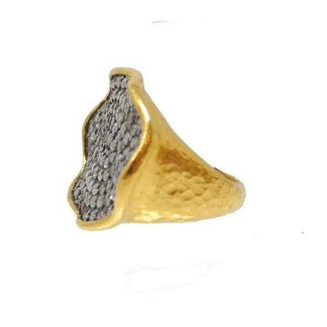Gold ring with textured band and grey diamond-studded face.
