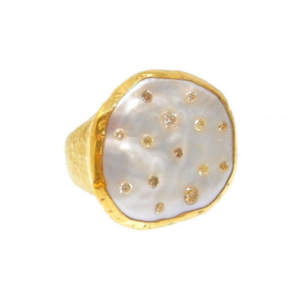 Ara 24k Gold Mabe Pearl and Diamond Ring Size 7-Ara 24k Gold-Swag Designer Jewelry