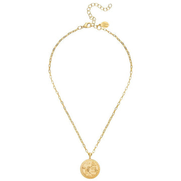 Gold necklace featuring an ornate Asian coin pendant on a delicate chain.
