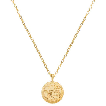 Gold Asian coin pendant necklace with detailed etched design.
