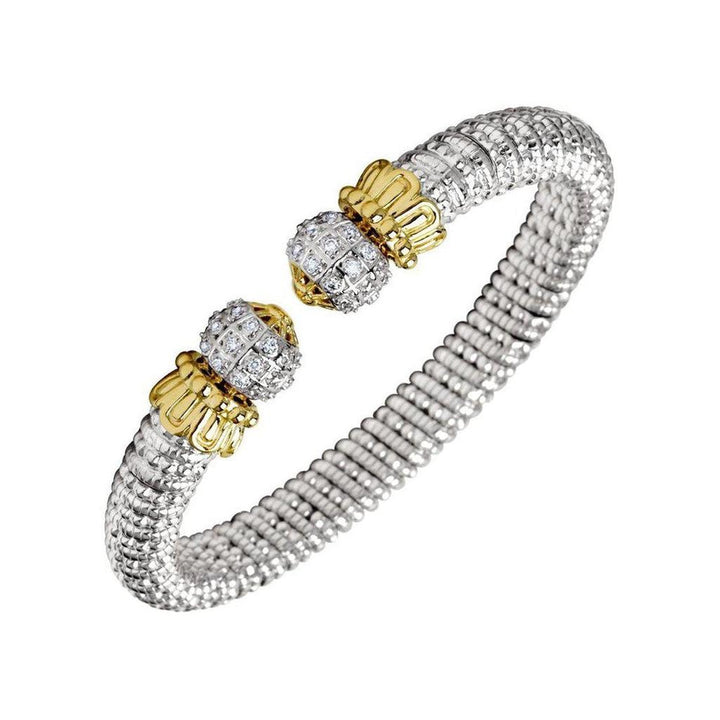 Ball Tip Diamond Bracelet:  Silver and gold cuff bracelet featuring sparkling diamond accents.
